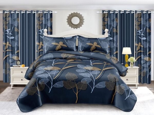 Deep Blue Leaf Curtain Set